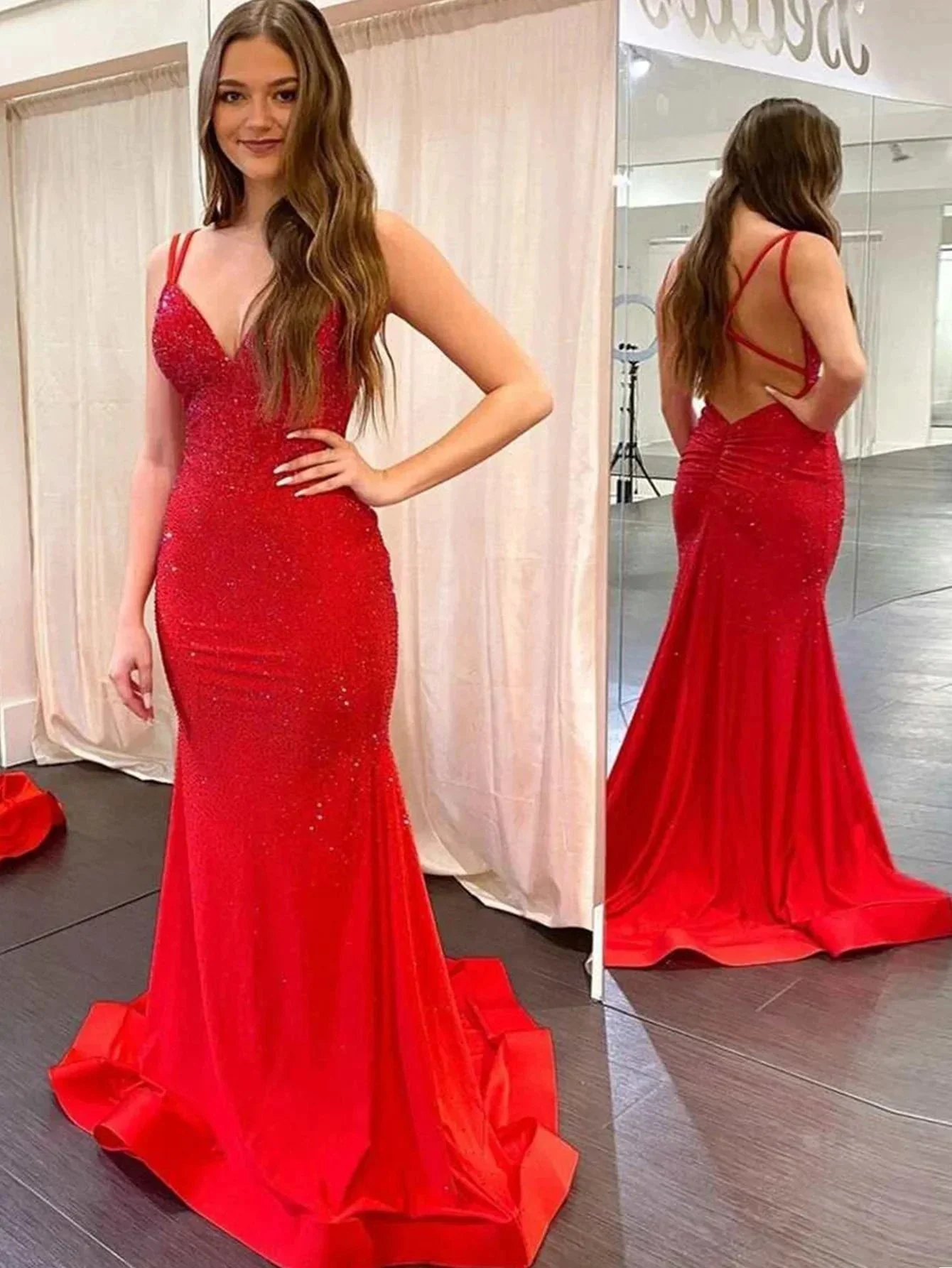 Marlee |Mermaid V Neck Beaded Jersey Prom Dress - Image 4