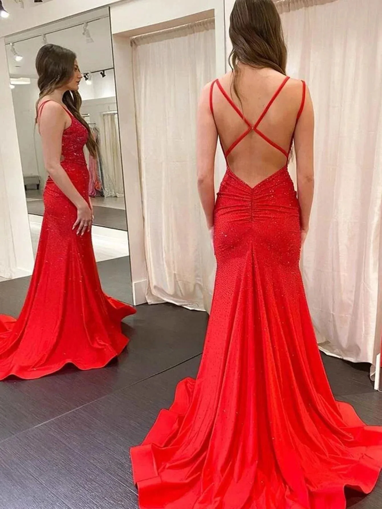 Marlee |Mermaid V Neck Beaded Jersey Prom Dress - Image 5