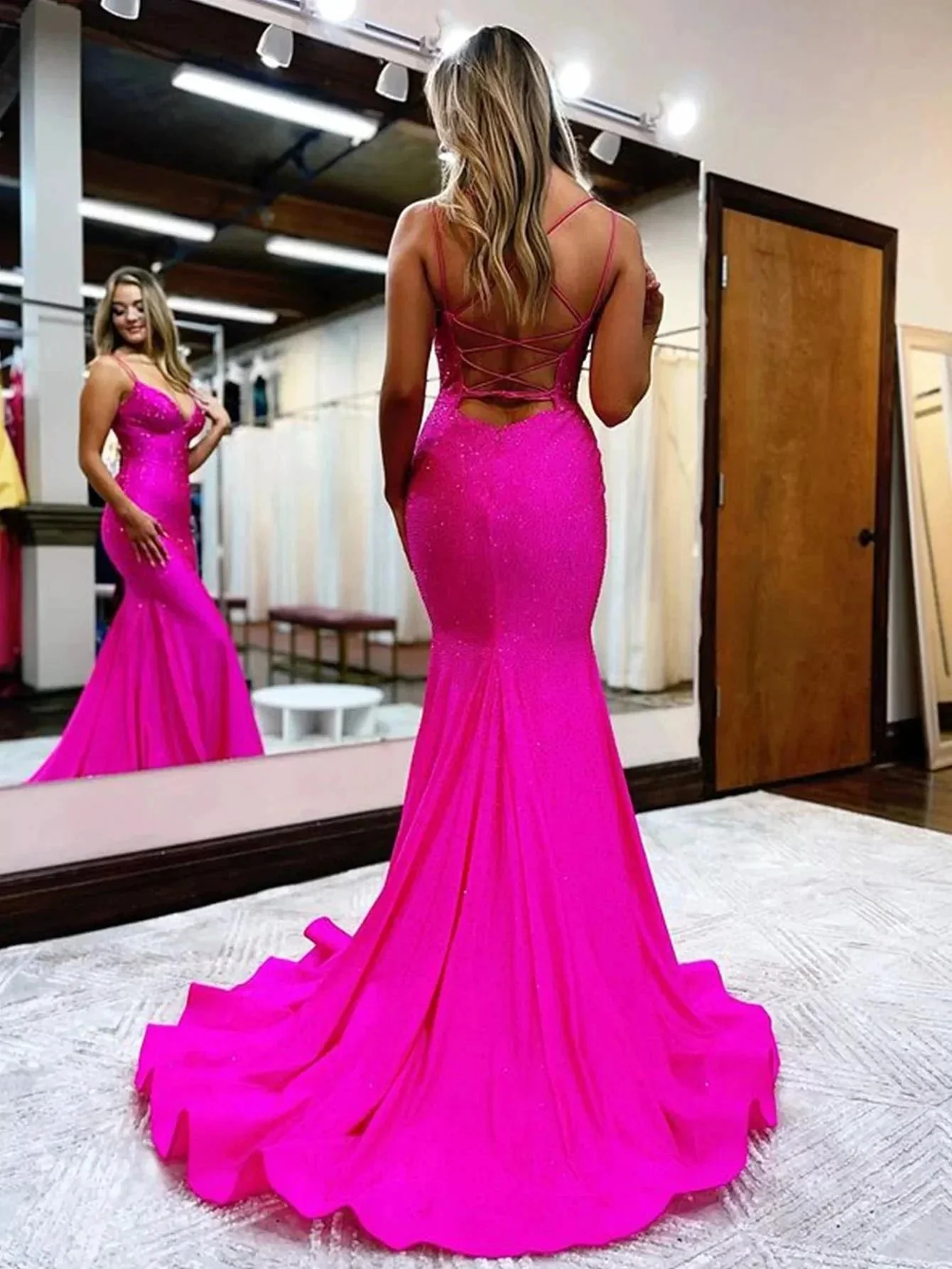 Lilly |Sparkly Mermaid V Neck Beaded Satin Long Prom Dress - Image 2