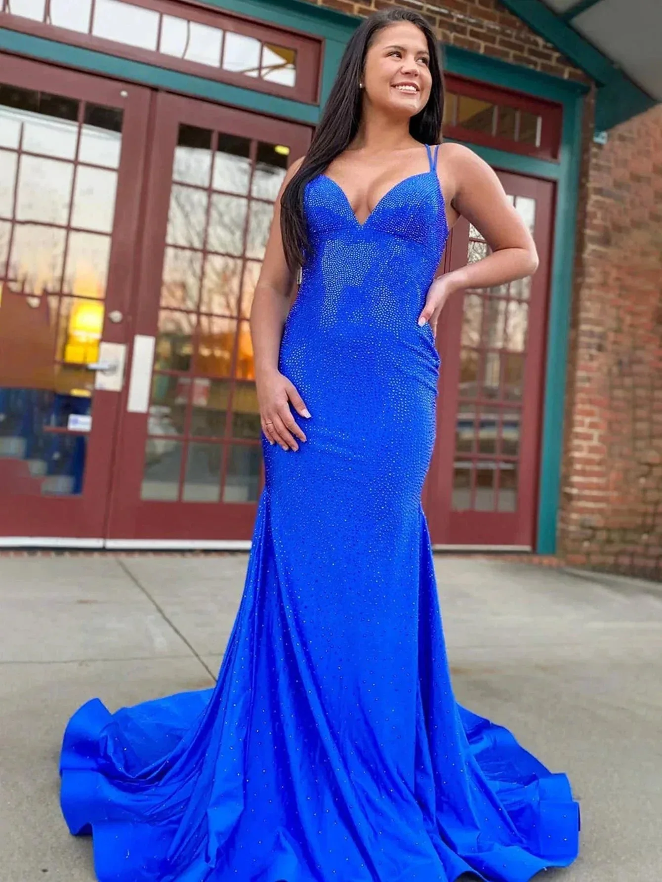 Lilly |Sparkly Mermaid V Neck Beaded Satin Long Prom Dress - Image 5