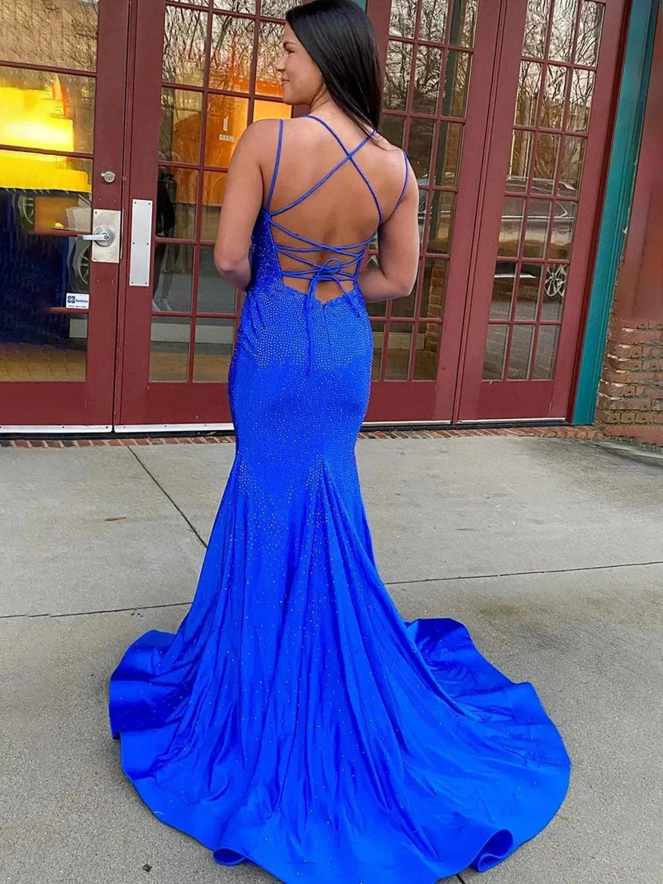 Lilly |Sparkly Mermaid V Neck Beaded Satin Long Prom Dress - Image 6