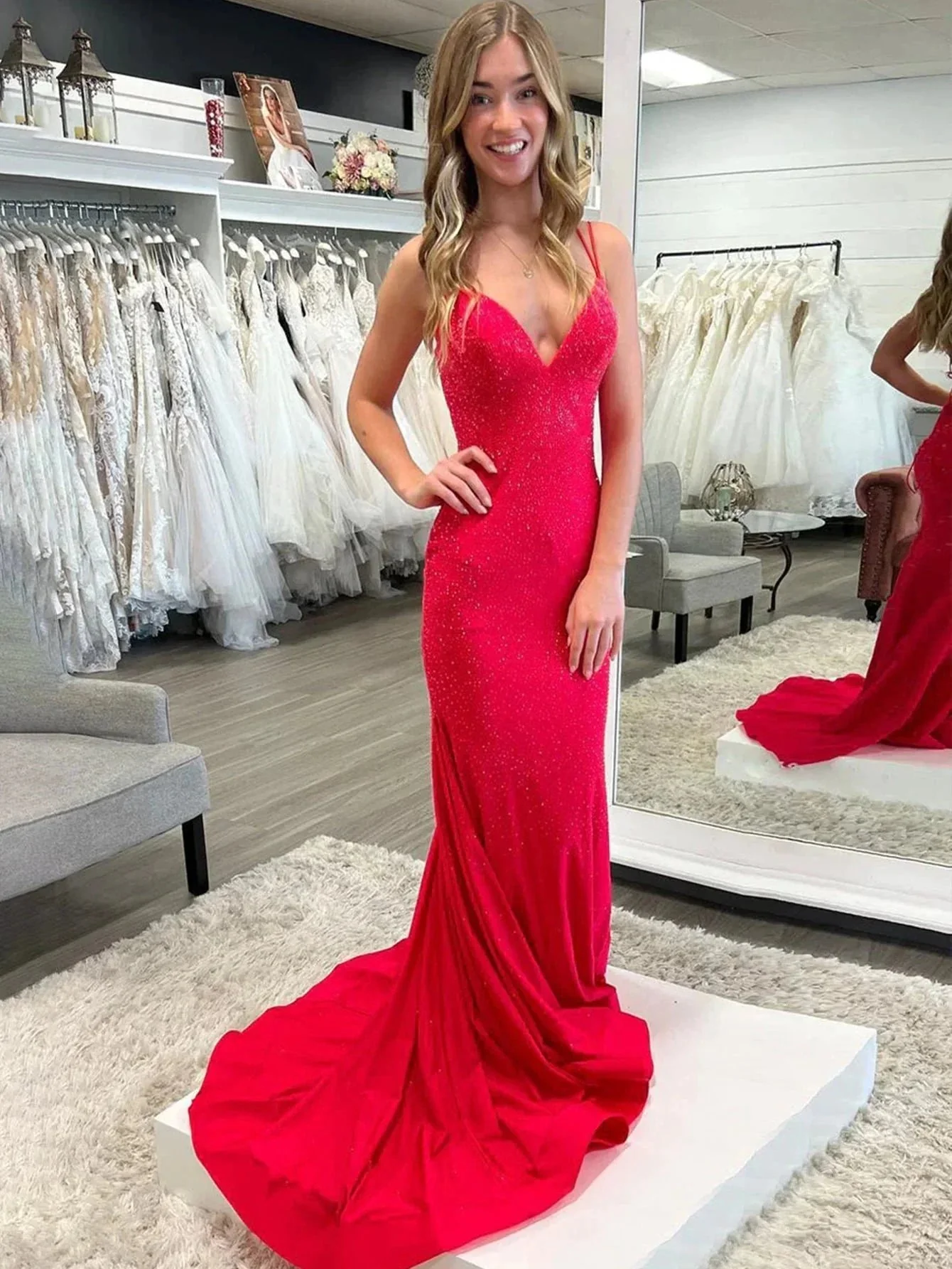 Lilly |Sparkly Mermaid V Neck Beaded Satin Long Prom Dress - Image 7