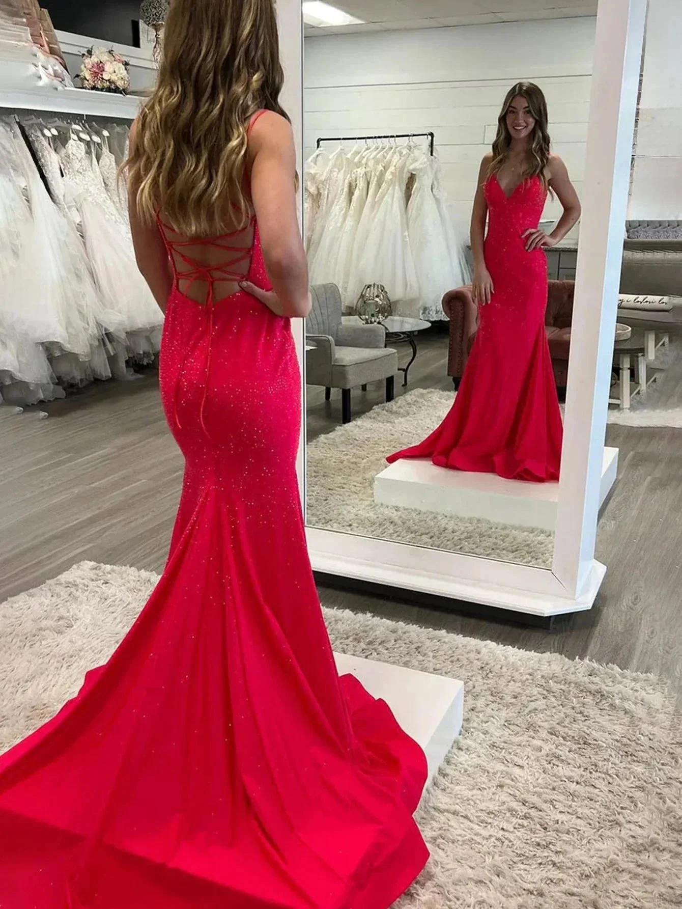 Lilly |Sparkly Mermaid V Neck Beaded Satin Long Prom Dress - Image 8