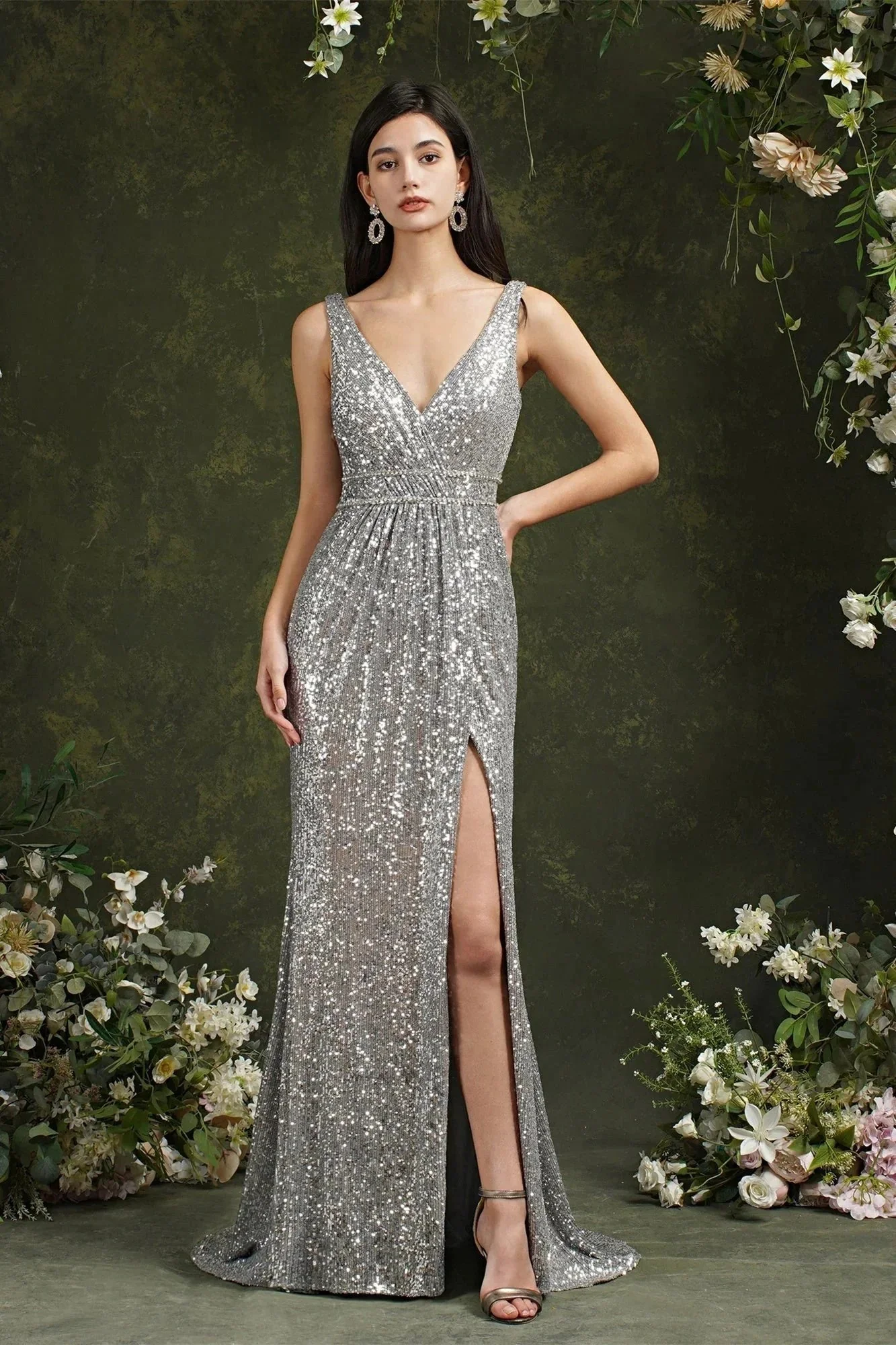 Sparkly Mermaid Wide Straps V-neck Sequins Bridesmaid/Prom Dress With Side Slit - Image 4