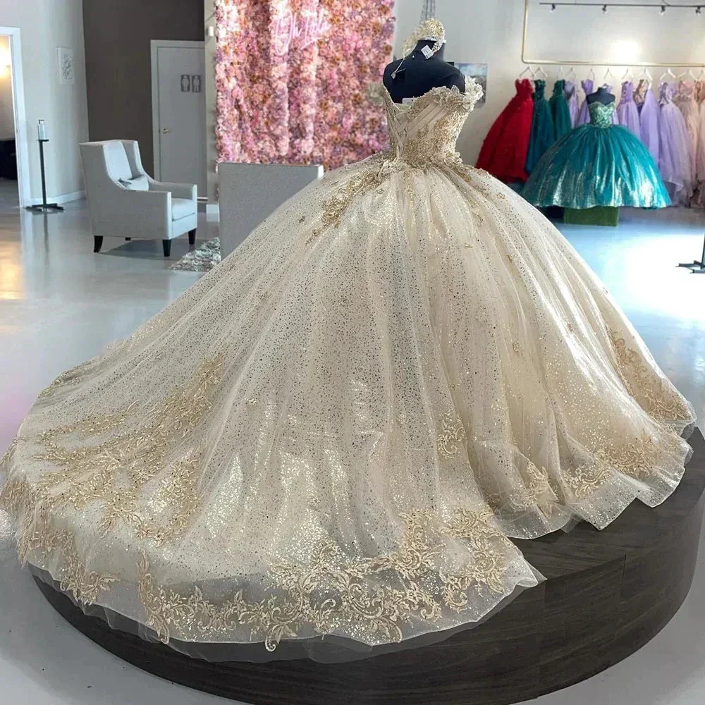 Sparkly Off Shoulder Champagne Quinceañera Dress Party Ball Gown Y2612 - Image 2