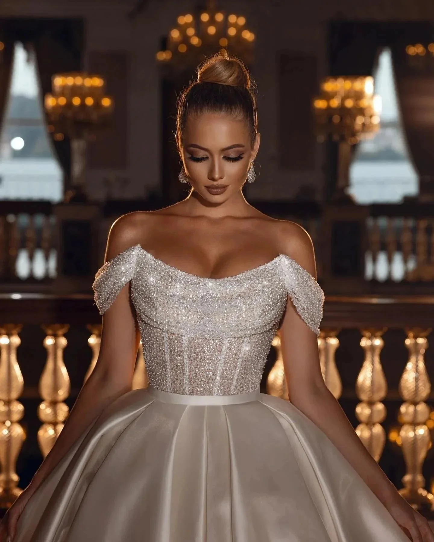 Sparkly Off-the-Shoulder Sequins A-line Bridal Dress with Detachable Sweep Train - Image 2