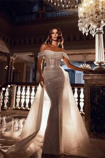 Sparkly Off-the-Shoulder Sequins Mermaid Bridal Dress with Detachable Sweep Train - Image 3