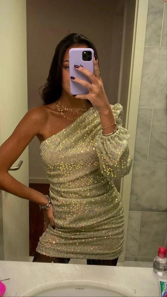 Sparkly One Shoulder Homecoming Dress Cute Party Dress Y1318 - Image 2