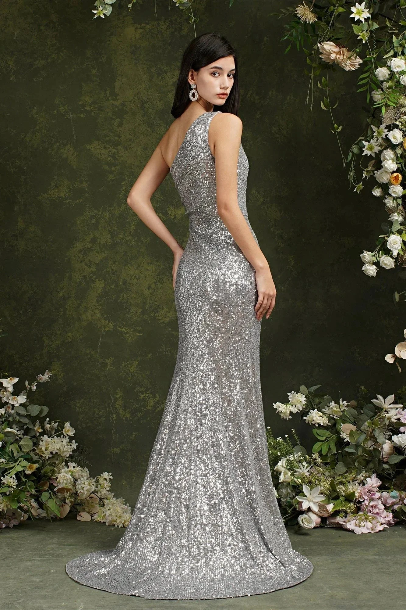 Sparkly One Shoulder Sequins Mermaid Floor-length Bridesmaid/Prom Dress With Side Slit - Image 2