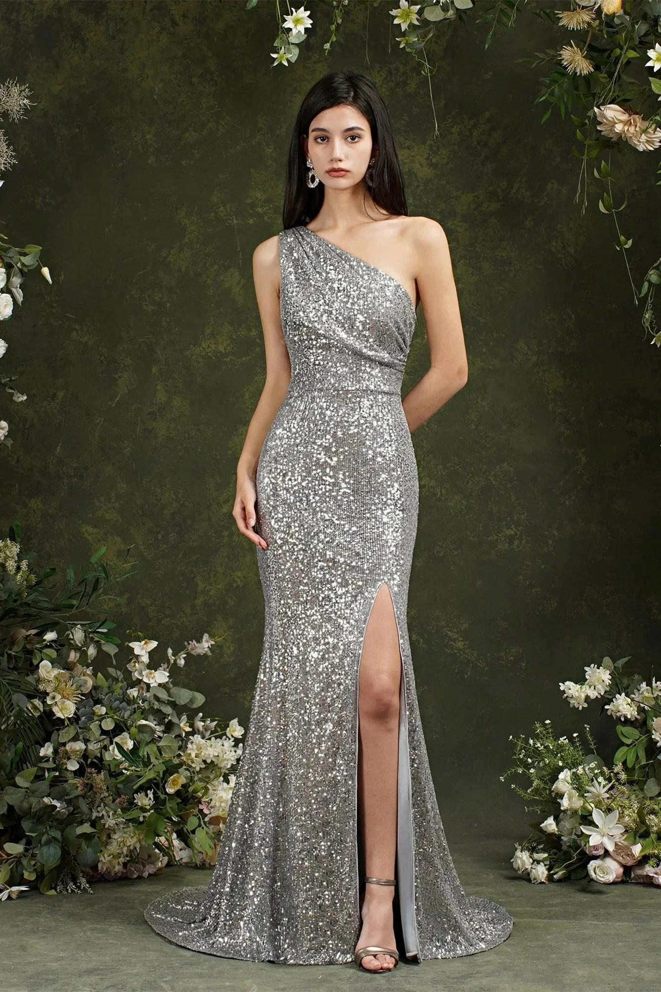 Sparkly One Shoulder Sequins Mermaid Floor-length Bridesmaid/Prom Dress With Side Slit - Image 3