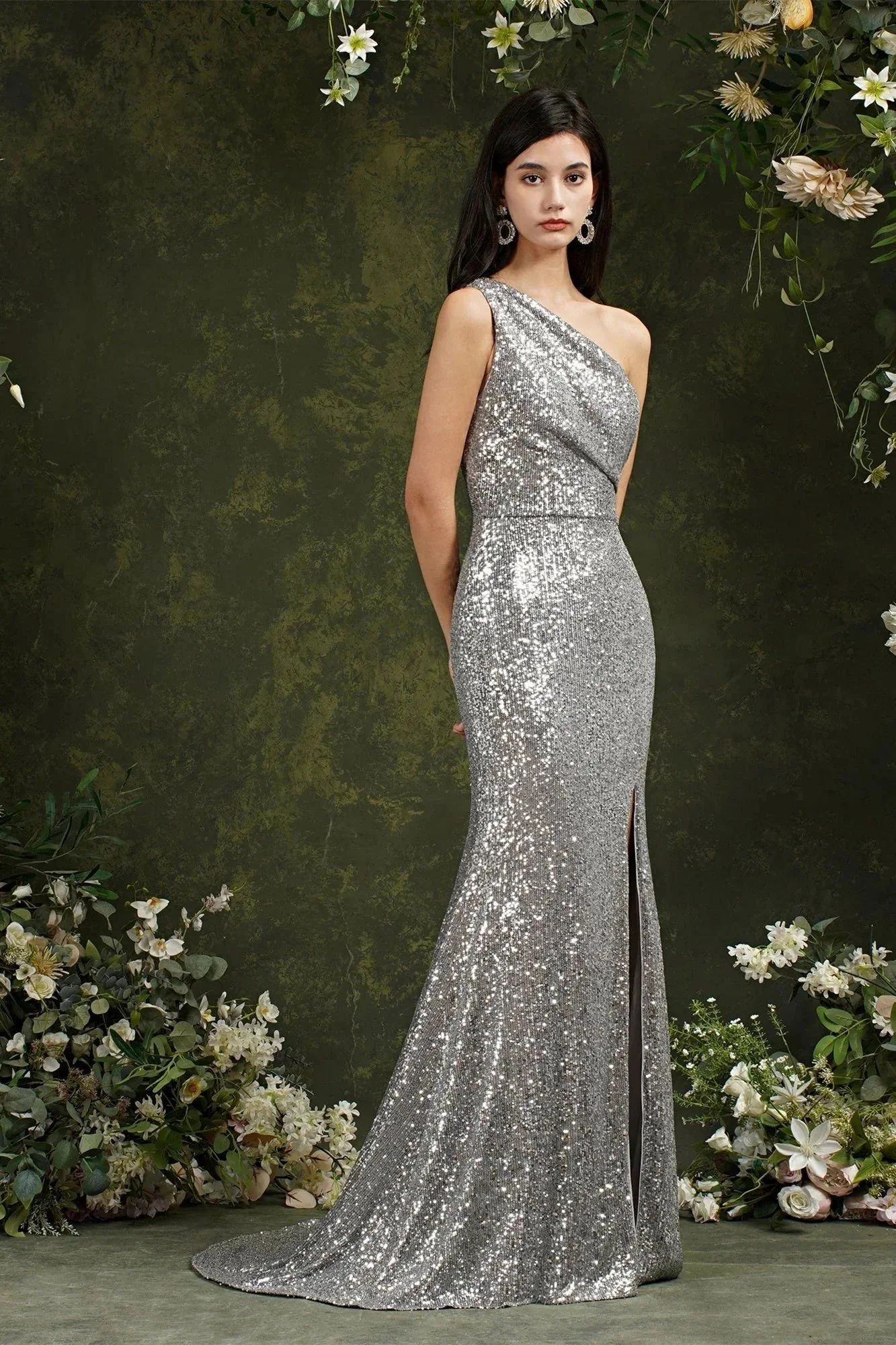 Sparkly One Shoulder Sequins Mermaid Floor-length Bridesmaid/Prom Dress With Side Slit - Image 4