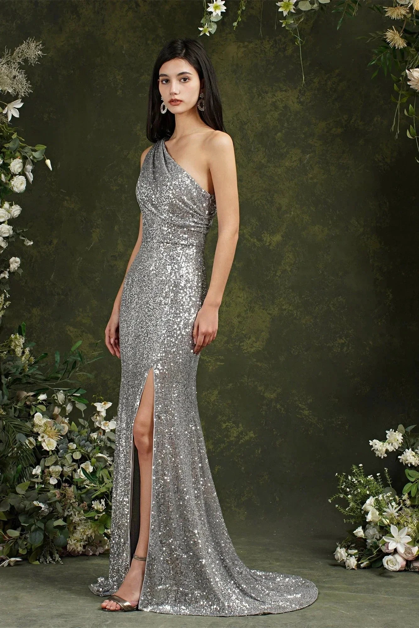 Sparkly One Shoulder Sequins Mermaid Floor-length Bridesmaid/Prom Dress With Side Slit - Image 5