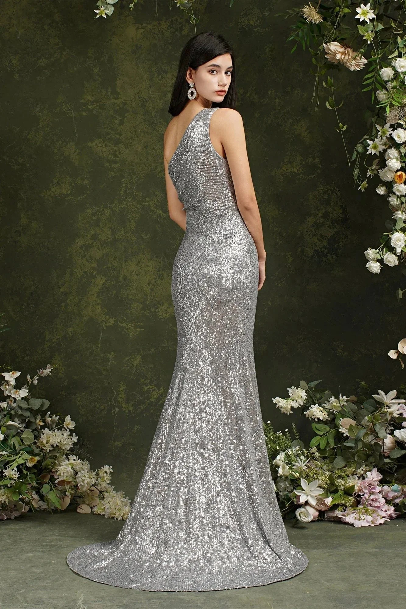 Sparkly One Shoulder Sequins Mermaid Floor-length Bridesmaid/Prom Dress With Side Slit - Image 7