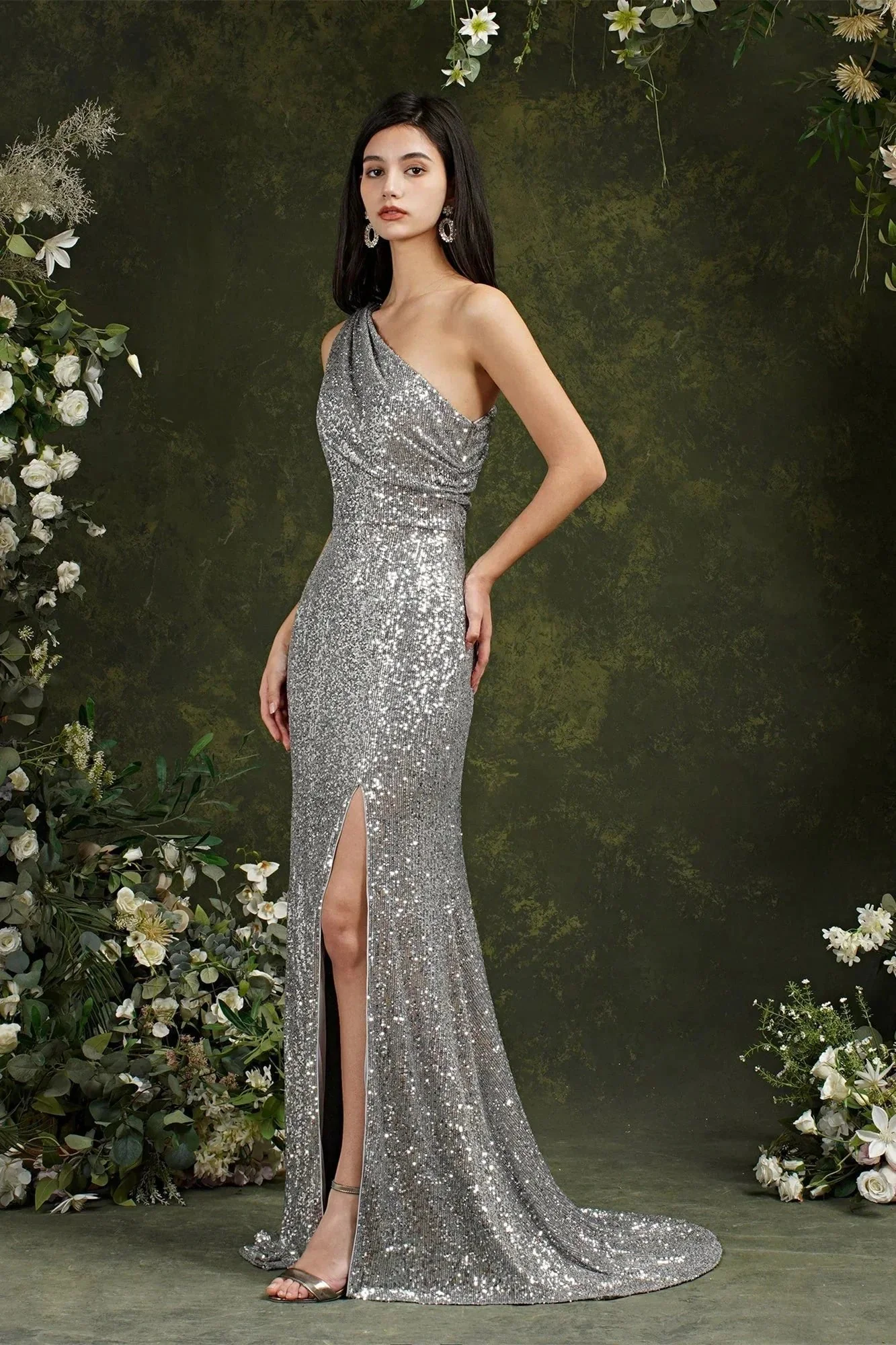 Sparkly One Shoulder Sequins Mermaid Floor-length Bridesmaid/Prom Dress With Side Slit - Image 8