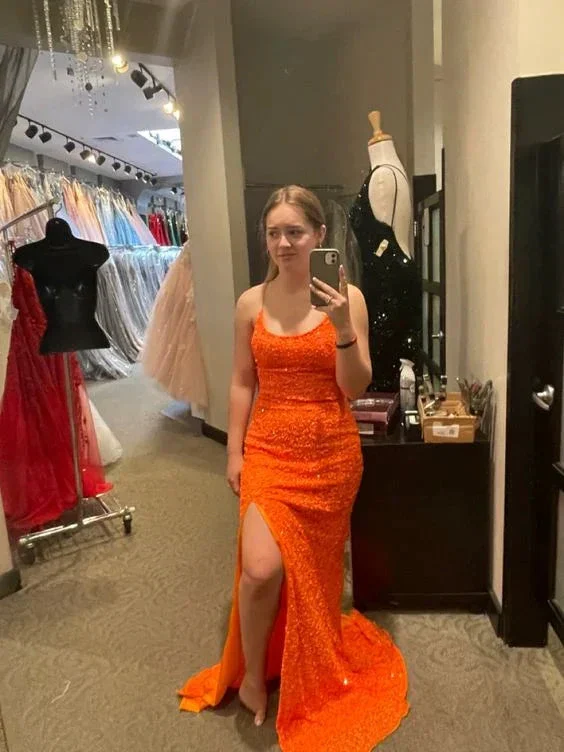 Sparkly Orange Prom Dresses Sleeveless Sequined Slit Evening Gown Y7012 - Image 2