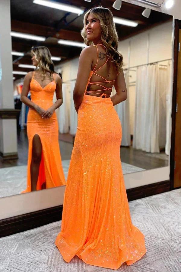 Sparkly Orange Sequins Mermaid Long Prom Dress - Image 3