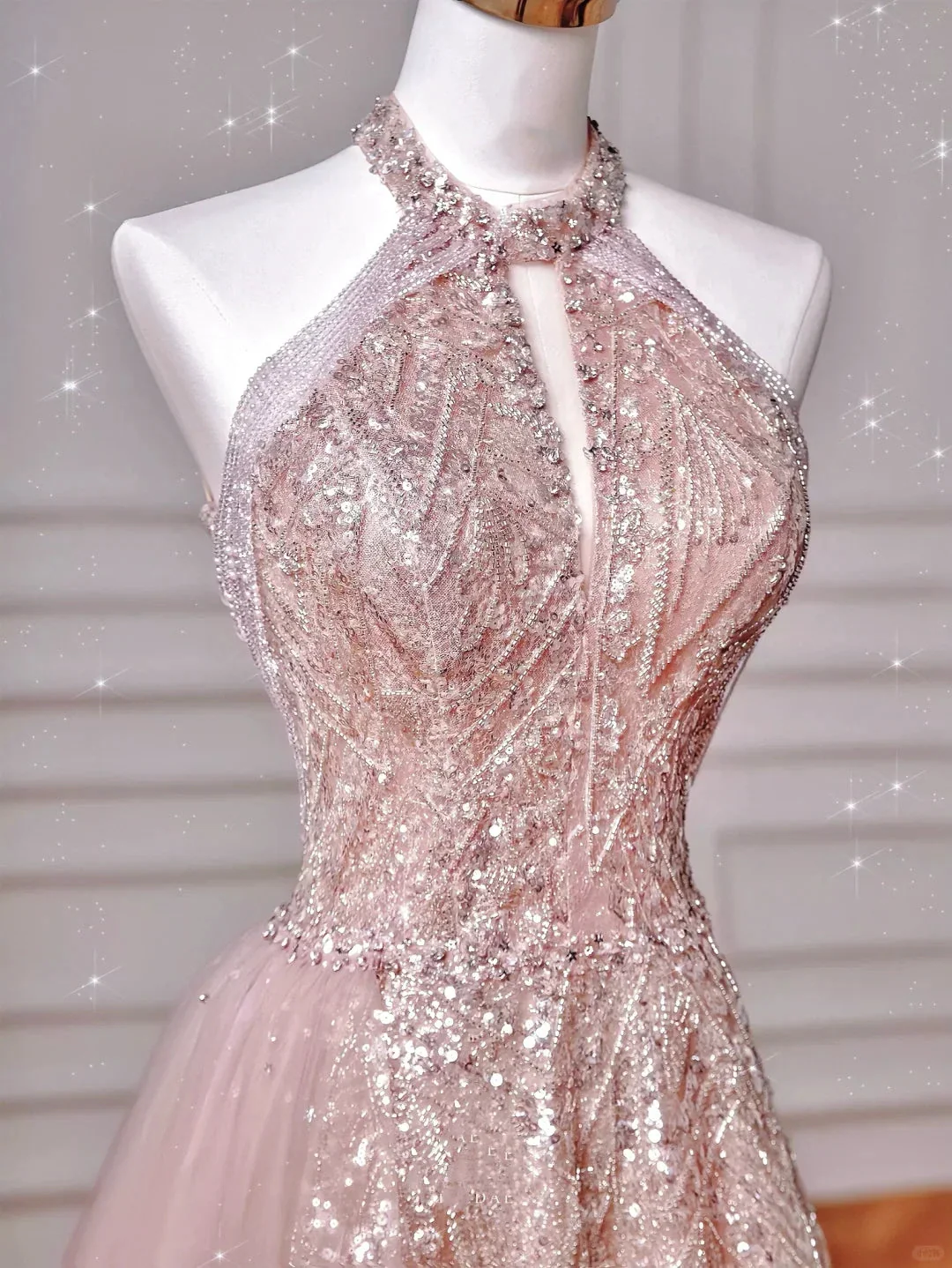 Sparkly Pink Halter Sequins Tulle A Line Prom Dress Evening Dress Y8608 - Image 2