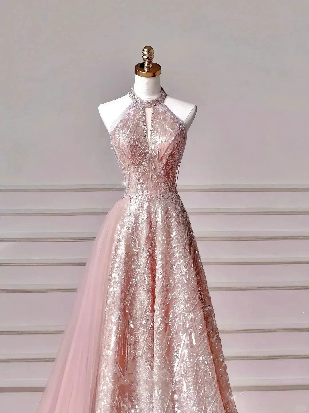 Sparkly Pink Halter Sequins Tulle A Line Prom Dress Evening Dress Y8608 - Image 3