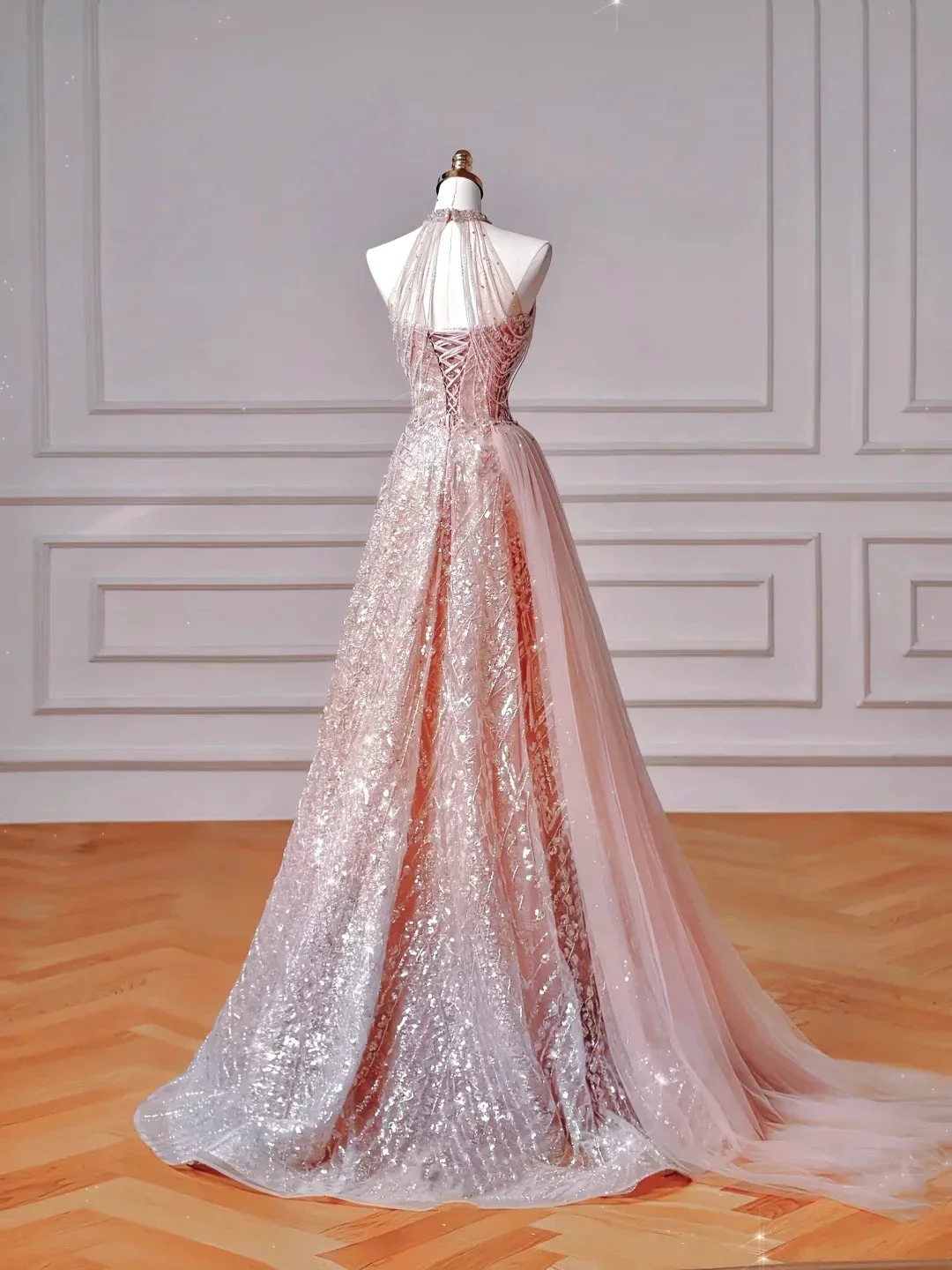Sparkly Pink Halter Sequins Tulle A Line Prom Dress Evening Dress Y8608 - Image 4