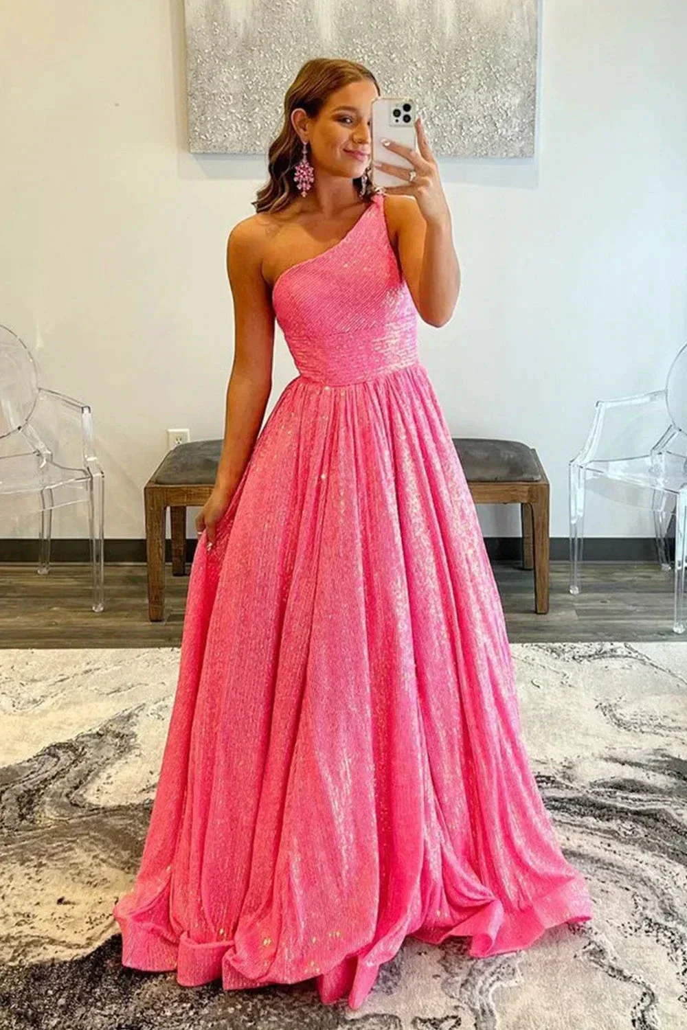 Sparkly Plus Size Light Blue One Shoulder A Line Sequins Prom Dress PSK465 - Image 3
