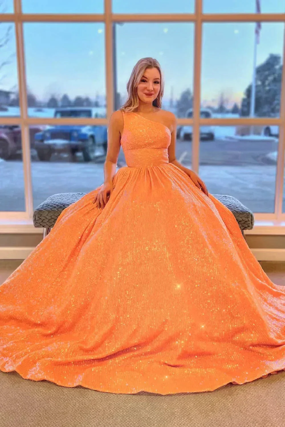 Sparkly Plus Size Light Blue One Shoulder A Line Sequins Prom Dress PSK465 - Image 4