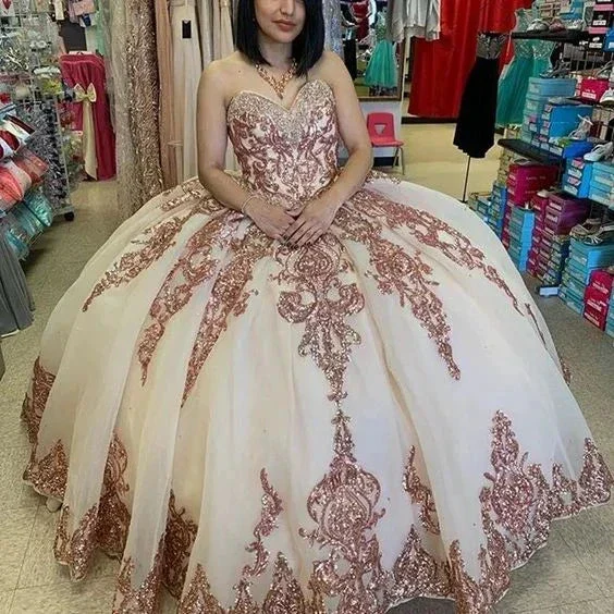 Sparkly Princess Rose Gold Quinceanera Dress Vintage Sweetheart Lace Applique Sequins Ball Gown Y6523 - Image 2