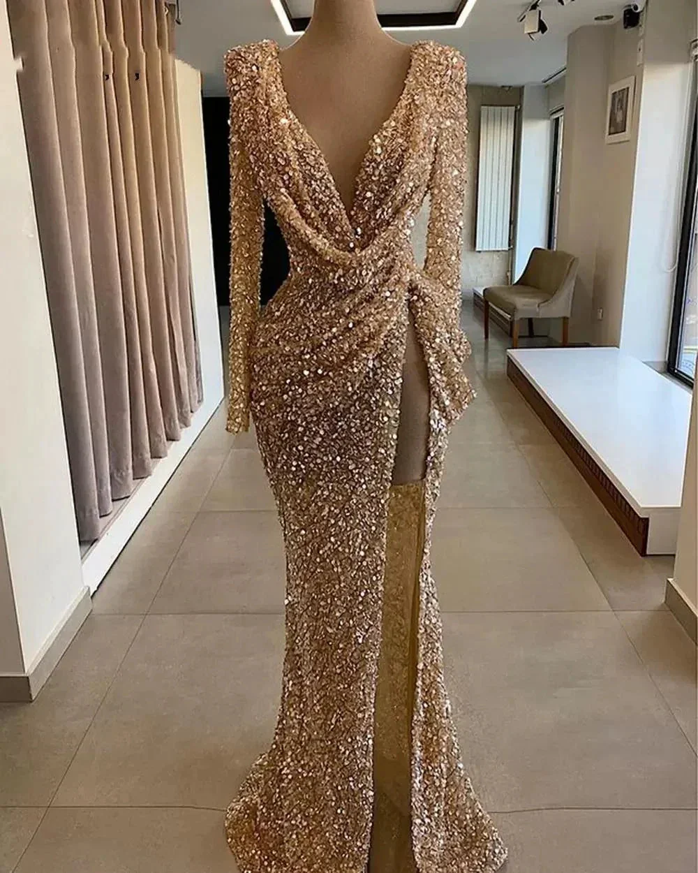 sparkly prom dresses, deep v neck prom dresses, long sleeve prom dresses, arabic prom dresses, side slit prom dresses, fashion evening gowns Y1389 - Image 2