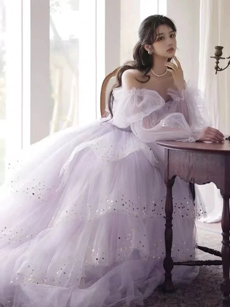 Sparkly Prom Dresses Purple Prom Dresses Robes Cocktail Off The Shoulder Prom Dresses Long Sleeve Prom DressesY2408 - Image 2
