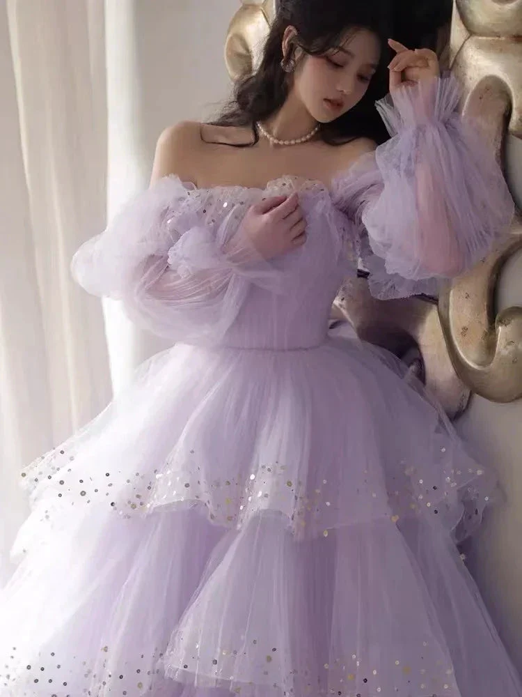 Sparkly Prom Dresses Purple Prom Dresses Robes Cocktail Off The Shoulder Prom Dresses Long Sleeve Prom DressesY2408 - Image 3