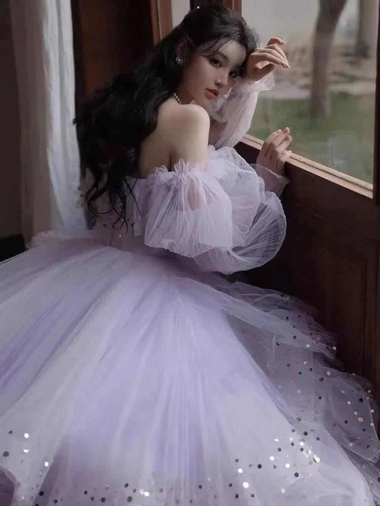 Sparkly Prom Dresses Purple Prom Dresses Robes Cocktail Off The Shoulder Prom Dresses Long Sleeve Prom DressesY2408 - Image 4