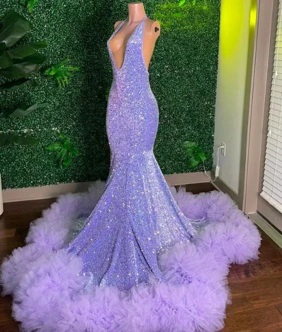 Sparkly Purple Mermaid Prom Dress Sequined Ruffles Backless Party Evening Dress Y6662 - Image 2