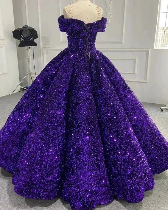 Sparkly Purple Off The Shoulder Sequins Ball Gown,Purple Sweet 16 Dress Y6583 - Image 2