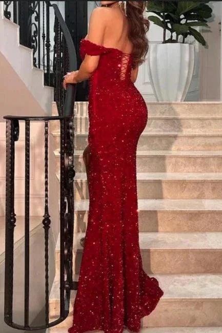 Sparkly Red Off-the-shoulder Long Mermaid Prom Dresses With Slit - Image 2