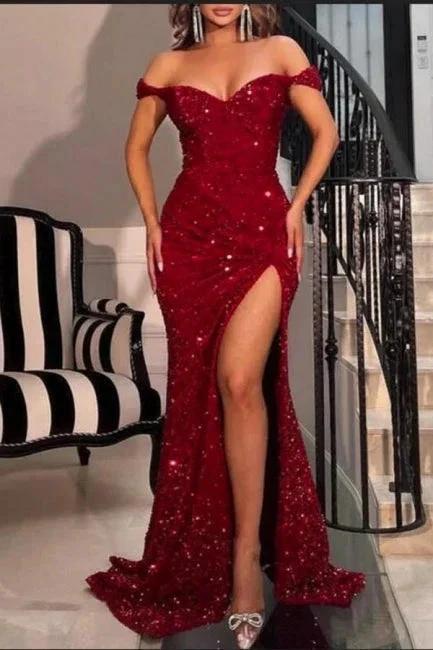 Sparkly Red Off-the-shoulder Long Mermaid Prom Dresses With Slit - Image 3