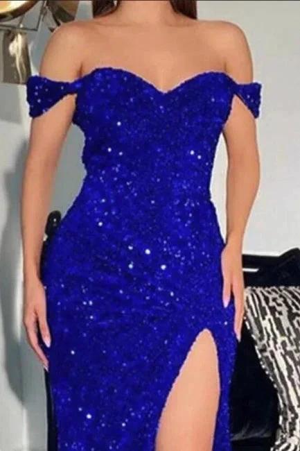 Sparkly Red Off-the-shoulder Long Mermaid Prom Dresses With Slit - Image 5