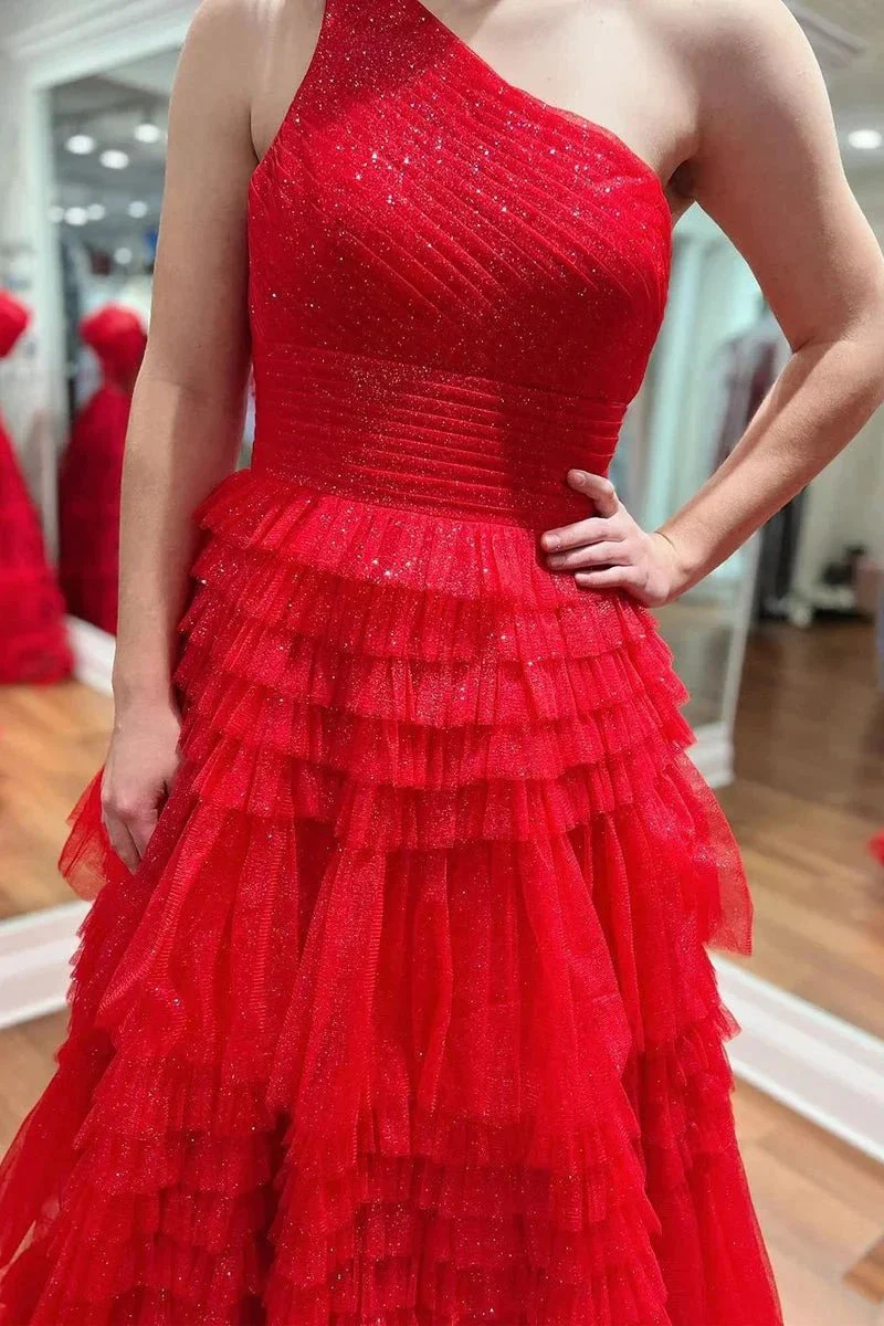 Sparkly Red One Shoulde Ruffle Tulle A-Line Long Prom Dresses - Image 2