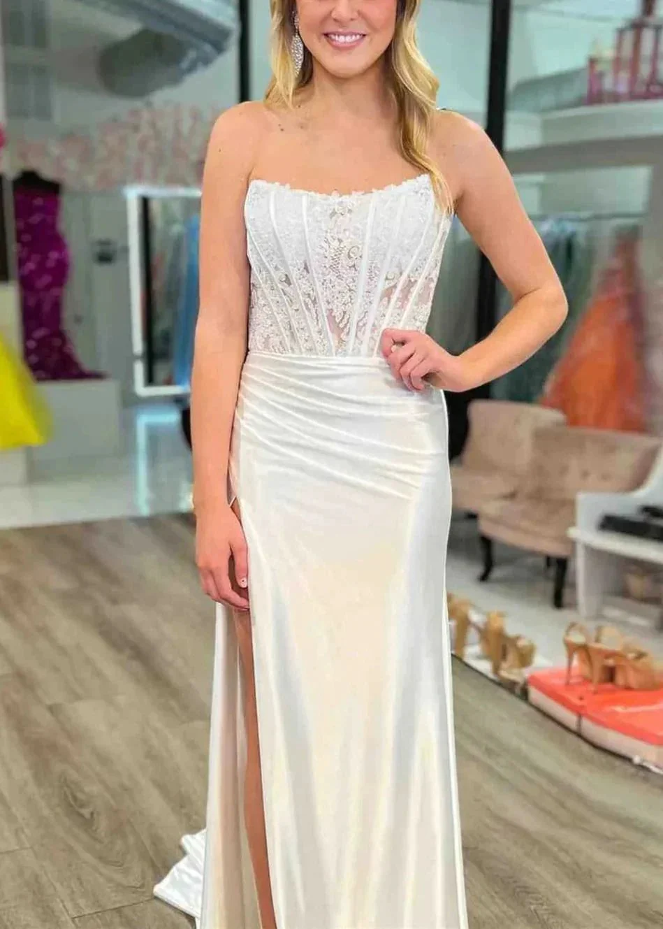 Arielle |Sheath Strapless Corset Satin Prom Dress with Slit - Image 10