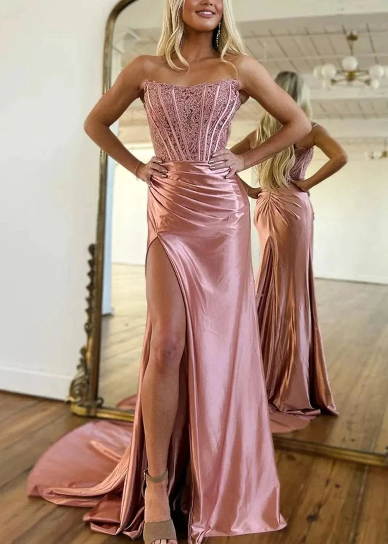 Arielle |Sheath Strapless Corset Satin Prom Dress with Slit - Image 6