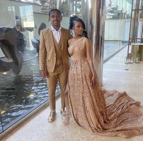 Sparkly Rose Gold Sequin Prom Dress With Train,Sexy Evening Gown Y1436 - Image 2