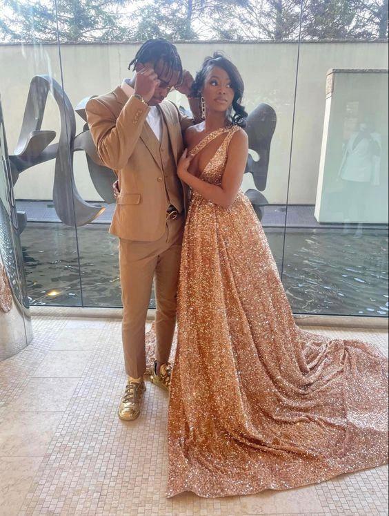 Sparkly Rose Gold Sequin Prom Dress With Train,Sexy Evening Gown Y1436 - Image 3