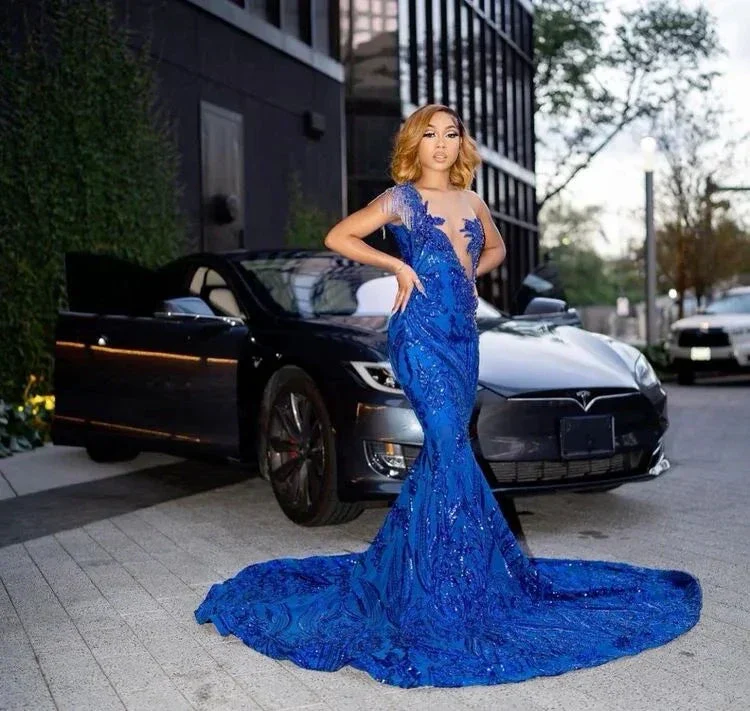 Sparkly Royal Blue Mermaid Long Prom Dress With Train Sexy Evening Dresses Y4122 - Image 3