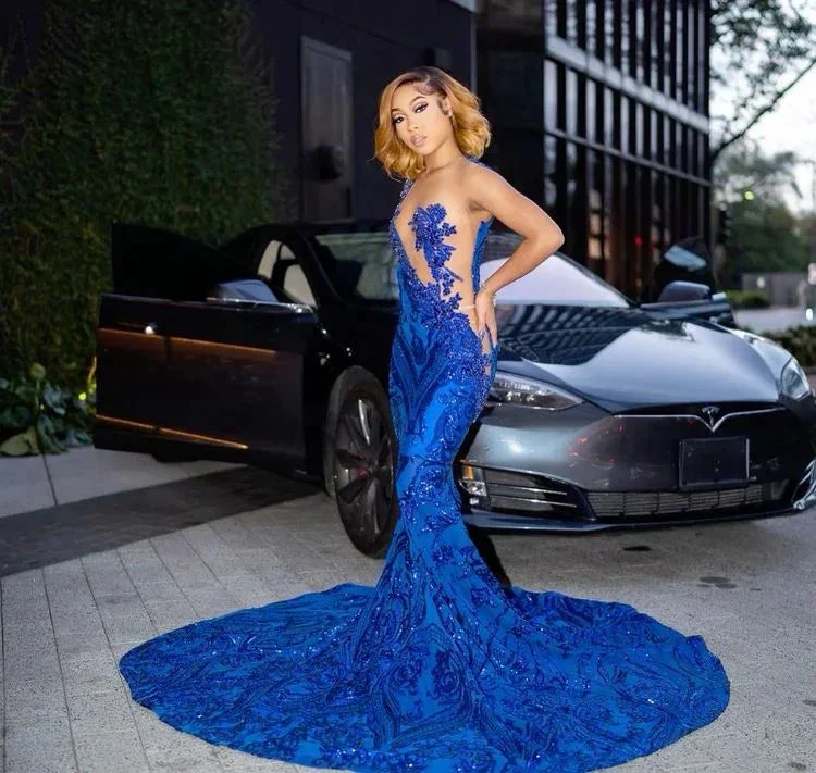 Sparkly Royal Blue Mermaid Long Prom Dress With Train Sexy Evening Dresses Y4122 - Image 5