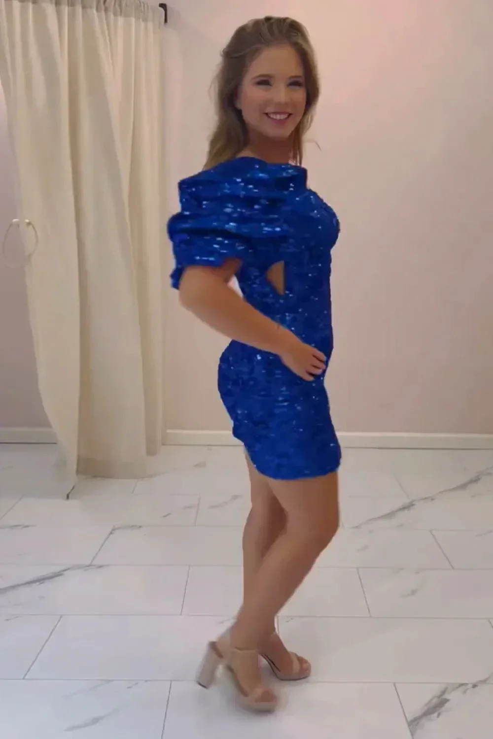 Sparkly Royal Blue One Shoulder Sequins Short Homecoming Dress - Image 2