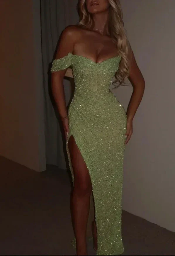Sparkly Sage Green Sequins Off-The-Shoulder Split Prom Dress Formal Evening Gown Y7983 - Image 2