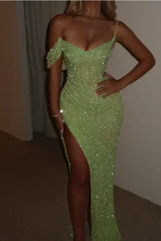 Sparkly Sage Green Sequins Off-The-Shoulder Split Prom Dress Formal Evening Gown Y7983 - Image 4