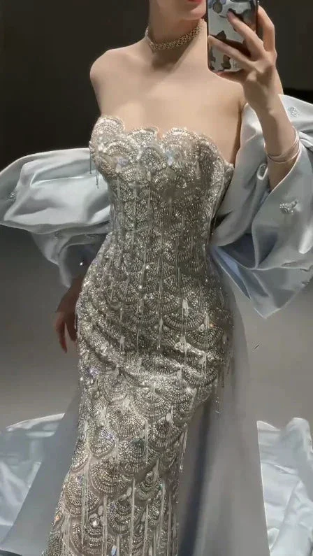 Sparkly Satin Beaded Mermaid Evening Dress Long Prom Dress With Bow Y8330 - Image 2