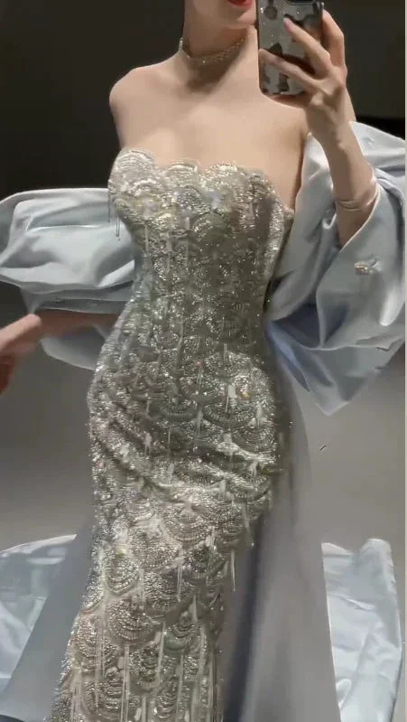 Sparkly Satin Beaded Mermaid Evening Dress Long Prom Dress With Bow Y8330 - Image 4