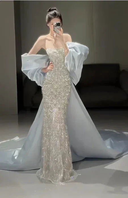 Sparkly Satin Beaded Mermaid Evening Dress Long Prom Dress With Bow Y8330 - Image 5