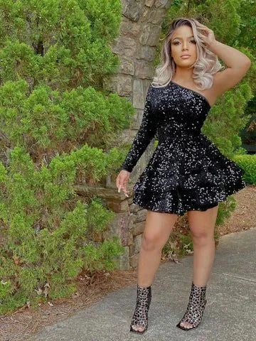 Sparkly Sequin Cocktail Dresses Short A Line One Shoulder African Women Formal Long Sleeve Homecoming Dress Y4048 - Image 2
