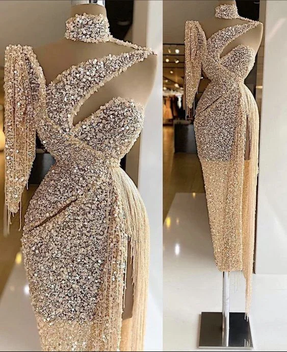 Sparkly Sequin Evening Dress Side Slit Prom Dress One Shoulder Tassels Custom Made Y6411 - Image 2